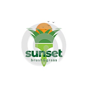 Brush paint with grass sunset logo design, vector graphic symbol icon illustration creative idea