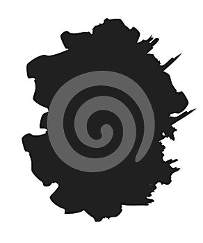 Brush paint stroke. Grunge stain ink in frame isolated on white background. Black splash element. Graphic texture for