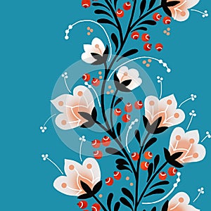 Brush painted blue seamless pattern with flowers, berries, leaves, curls and dots