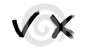 Brush painted yes and no checkmarks. Black and white check and cross signs. Drawn vote approve and reject icons. X and V