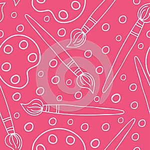 Brush, palette and paint line seamless pattern. Creative supplies, art accessories doodle cartoon isolated on pink background