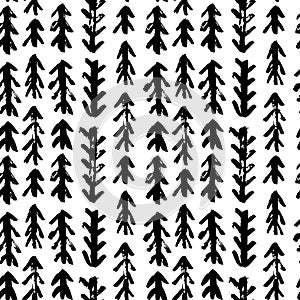 Brush scandinavian vector geometric strokes fir tree seamless pattern. Abstract hand drawn lines, grunge texture drawing