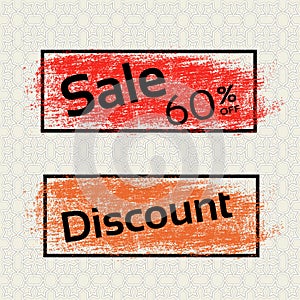 Brush stroke, labels with black text of Sale and Discount. Offer with redand orange stratched spot.