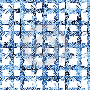 Brush Stroke Plaid Geometric Grung Pattern Seamless in Blue Color Check Background. Gunge Collage Watercolor Texture for