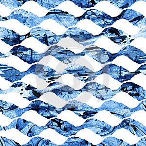 Brush Stroke Wawes Geometric Grung Pattern Seamless in Blue Color Background. Gunge Collage Watercolor Texture for Teen