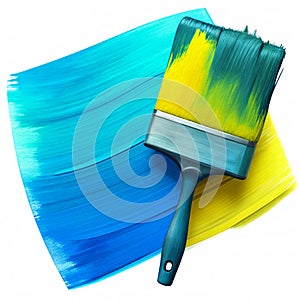 Brush with a stroke of yellow-blue paint on a white background