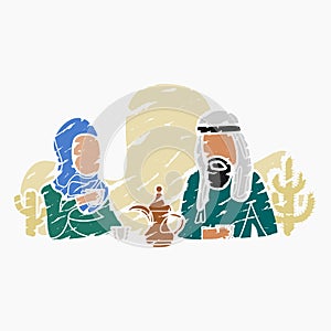 Brush Strokes Arab Couple Having Arabic Coffee Vector Illustration