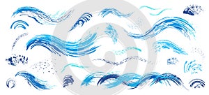 Brush strokes. Blue waves, water spray. Vector abstract set with hand drawn paint brushes. Grunge artistic texture. Doodle style.