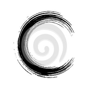 Brush strokes circle. Round spiral. Wavy cycle. Circular pattern. Black frame on white background. Rotate ring. Circe line