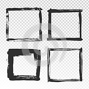 Brush strokes frame. Black grunge square borders, paint brushes photo frames and hand drawn antique edges texture