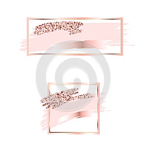 Brush strokes in gentle pink tones.Gentle pastel colors.Rose gold frame.Abstract vector background.Shiny golden lightning.Pink spa