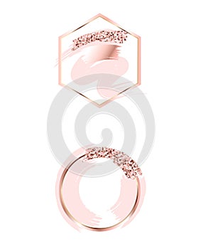 Brush strokes in gentle pink tones.Gentle pastel colors.Rose gold frame circle and hexagonal frame .Abstract vector background.Pin