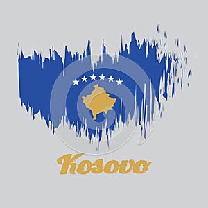 Brush style color flag of Kosovo Flag, a blue field charged with a map of Kosovo in gold, surmounted by an arc of six white star.