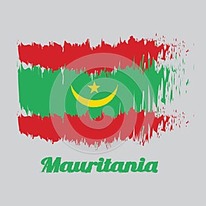 Brush style color flag of Mauritania, Two red stripes flanking a green field with a golden crescent and star.
