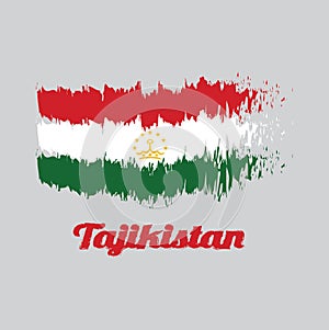 Brush style color flag of Tajikistan, red white and green; charged with a crown surmounted by an arc of seven stars.