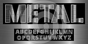 Brushed aluminum metal realistic font. Detailed metallic chrome alphabet typeset.