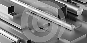Brushed aluminum profiles stack or heap frame filling background, metal manufactoring or product concept photo
