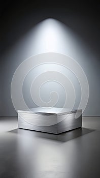 Brushed aluminum rectangular display podium with horizontal texture lines under spotlight horizontal lines