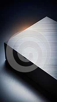 Brushed aluminum rectangular podium with horizontal texture lines and dark shadow brushed metal horizontal lines