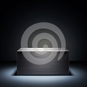 Brushed aluminum rectangular podium with horizontal texture lines in spotlight display presentation