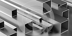 Brushed aluminum square profiles stack or heap frame filling background, metal manufactoring or product concept photo