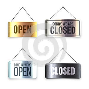 Brushed metal Open and Closed hanging signboards. Vintage door sign for cafe, restaurant, bar or retail store