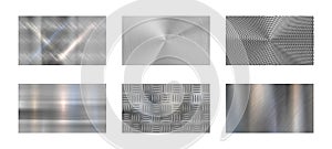 Brushed metal. Steel metallic texture, polished chrome and silver metals shine realistic vector background set