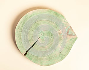 Brushed, painted in green wooden slice of pine tree without bark with annual rings on pastel yellow.