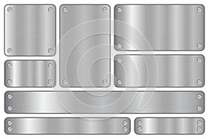 Brushed steel sign frame with metal screws. Realistic metal brushed plate. Metal plates. Steel signs. Vector illustration
