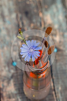 Brushes and flower in a glass jar on the board