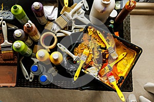 Brushes in the painting tray