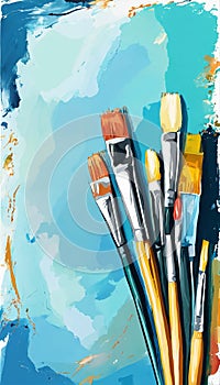 brushes and paints. background with brushes and oil paint. Card templa photo