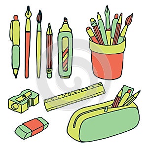 Brushes, pencils, pens, ruler, sharpener and eraser icons.