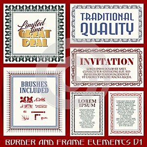 Brushes set in retro style. Decorative borders and frames