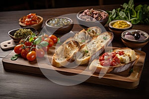 brushetta platter, with various types of bruschetta and accompaniments