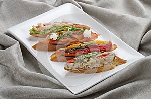 Brushetta snacks for wine. Variety of small sandwiches on a textile background