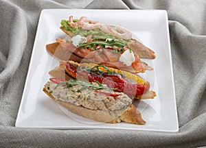 Brushetta snacks for wine. Variety of small sandwiches on a textile background