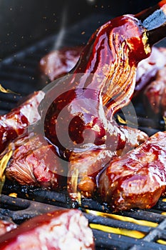 Brushing BBQ Sauce onto Grilling Meat