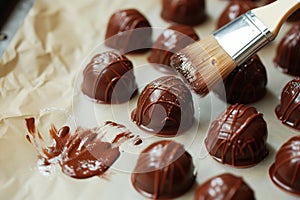 brushing edible shimmer on chocolate bonbons