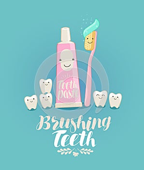 Brushing teeth, banner. Tooth, toothpaste, toothbrush, dentistry, dental clinic concept. Cartoon vector illustration