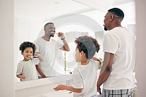 Brushing teeth, black family and cleaning morning routine in a bathroom with a dad and child. Hygiene learning, kid and