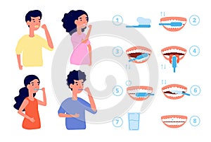 Brushing teeth instruction. Toothbrush, baby clean tooth. Dental care technique, stomatology health. People hygiene for