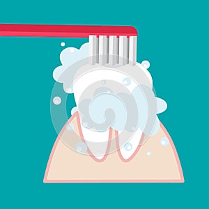 Brushing Teeth. Toothbrush hold in hand man. Dental care concept. Toothpaste bubbles foam. Oral hygiene. Vector illustration