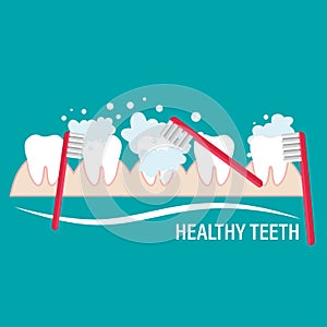 Brushing Teeth. Toothbrush hold in hand man. Dental care concept. Toothpaste bubbles foam. Oral hygiene. Vector illustration