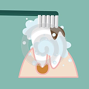 Brushing Teeth. Toothbrush hold in hand man. Dental care concept. Toothpaste bubbles foam. Oral hygiene. Vector illustration