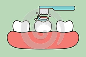 Brushing teeth, toothbrush and toothpaste on tooth and gum - dental cartoon vector flat style