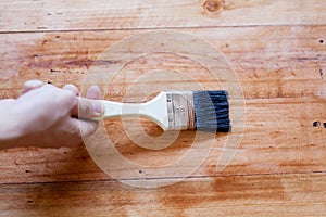 Brushing to apply varnish paint on a wooden surface