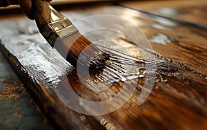 Brushing toning lacquer onto wood. Close-up.