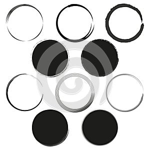 Brushstroke circles set. Varied round shapes. Ink and paint design elements. Vector illustration. EPS 10.