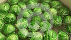 Brussel sprouts boiling in hot water, closeup;